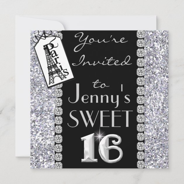 16Th Charcoal Grey & White Bling Sparkle Birthday Party Personalised Invitations 