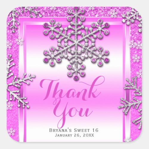 SWEET 16 Part Pink Glitter Glam Winter Snowflakes Square Sticker