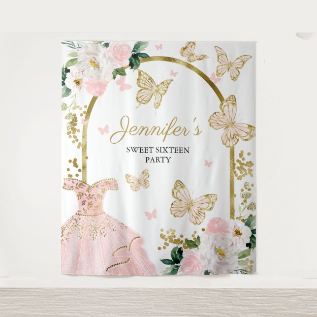 Sweet 16 Party Backdrop - Butterfly Floral Dress (Front)