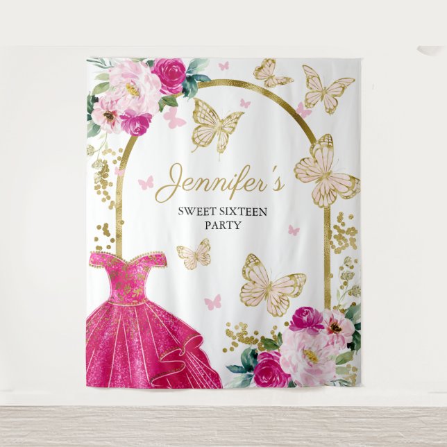 Sweet 16 Party Backdrop - Butterfly Floral Dress (Front)