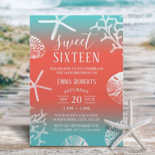 Sweet 16 Party Beach Coral Reef Starfish Invitation