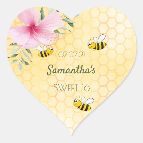 Sweet 16 party Bee Happy bumble bees honeycomb Heart Sticker
