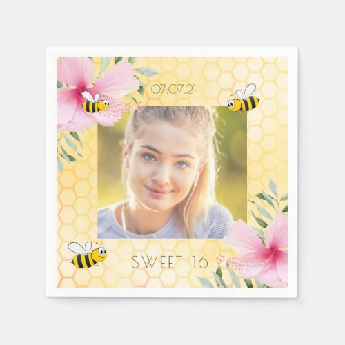 Sweet 16 party bees honeycomb pink photo napkins