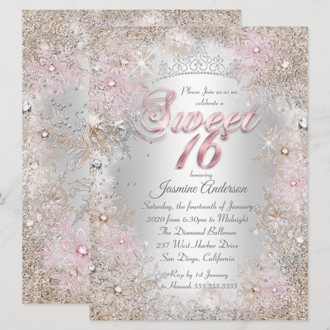 Sweet 16 Party Beige Pink Silver Winter Wonderland Invitation (Front/Back)