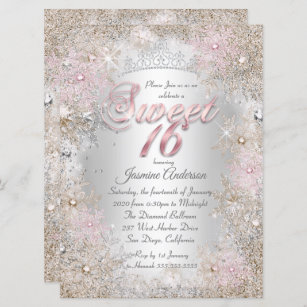 Sweet 16 Party Beige Pink Silver Winter Wonderland Invitation