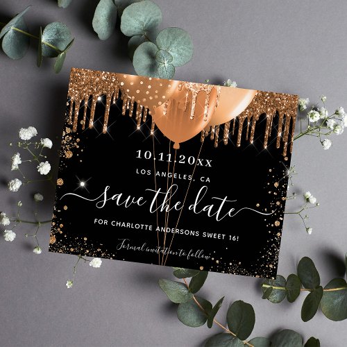 Sweet 16 party black gold budget save the date flyer