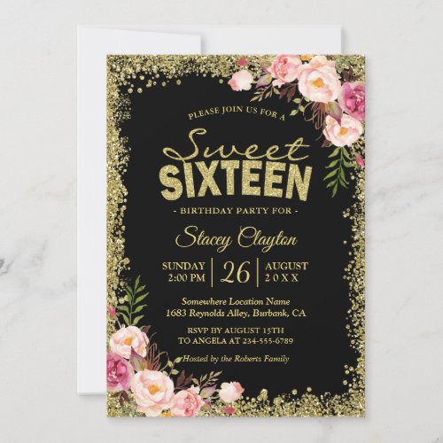 Sweet 16 Party - Black Gold Glitters Pink Floral Invitation - Black Gold Glitters Pink Floral Sweet Sixteen Birthday Party Invitation. 
(1) For further customization, please click the "customize further" link and use our design tool to modify this template. 
(2) If you need help or matching items, please contact me.