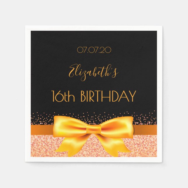 Sweet 16 party black gold name napkins (Front)