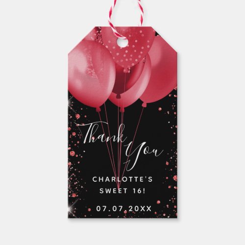 Sweet 16 party black red balloons thank you gift tags