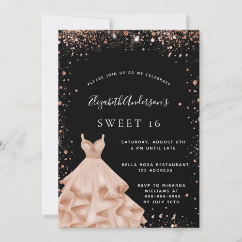 Sweet 16 party black rose gold glitter dress invitation