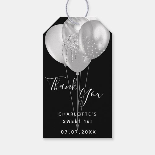 Sweet 16 party black silver balloon thank you gift tags