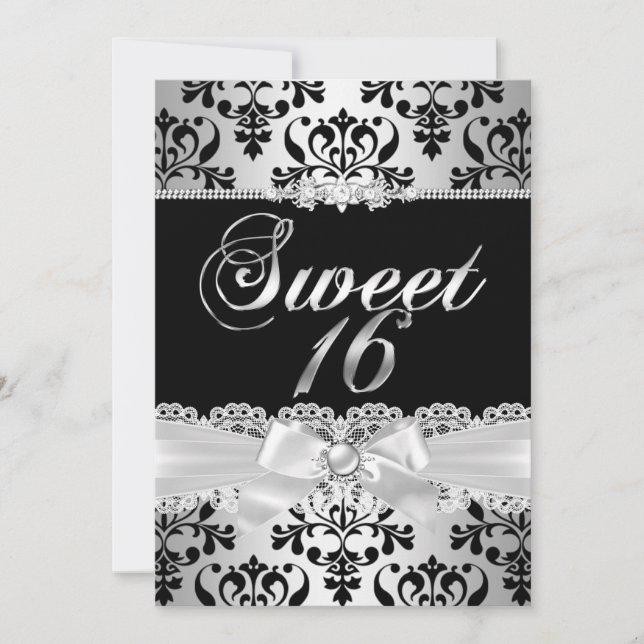 Sweet 16 Party Black Silver Damask Pearl Bow Invitation (Front)