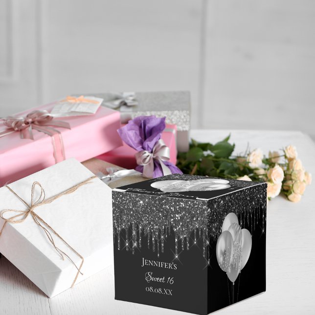 Sweet 16 party black silver glitter balloons favor boxes (Creator Uploaded)