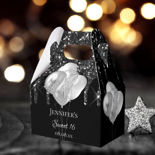 Sweet 16 party black silver glitter drips balloons favor boxes (Creator Uploaded)