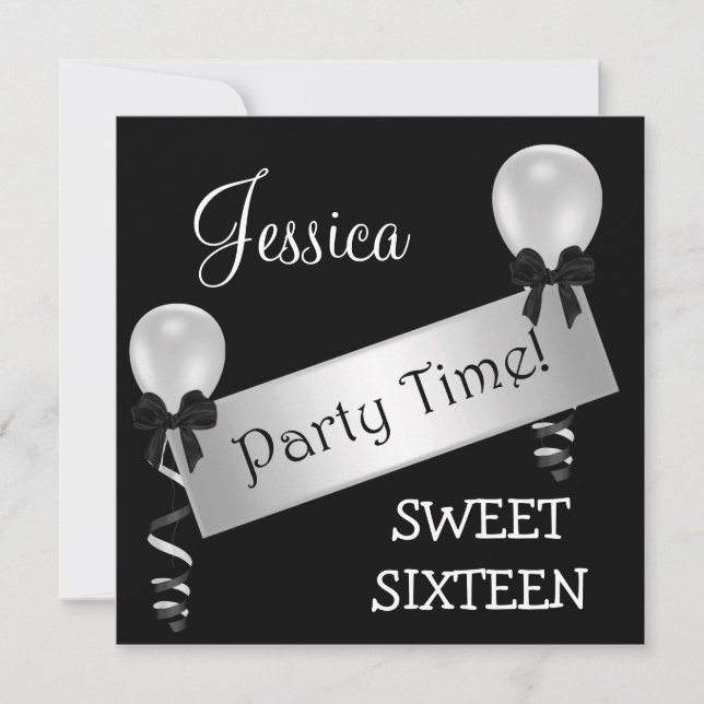 Sweet 16 Party Black White Silver Bows Balloons Invitation (Front)