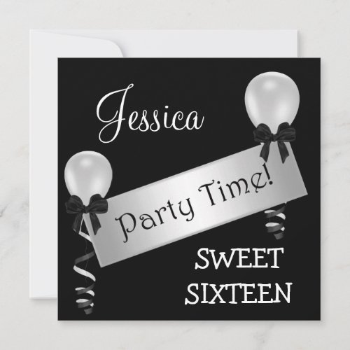 Sweet 16 Party Black White Silver Bows Balloons Invitation