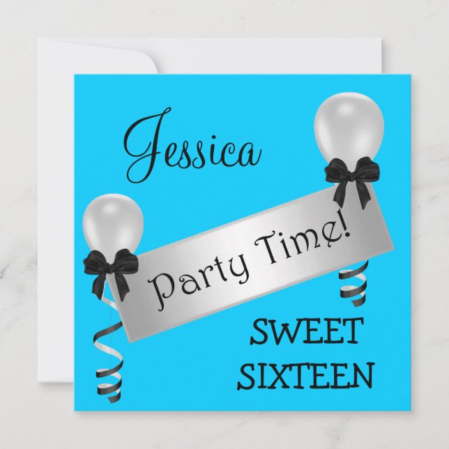 Sweet 16 Party Blue Black Silver Bows Balloons Invitation (Front)