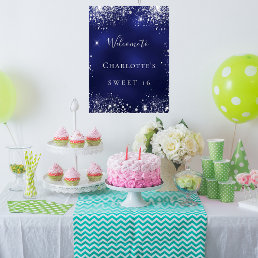 Sweet 16 party blue silver glitter sparkle welcome poster
