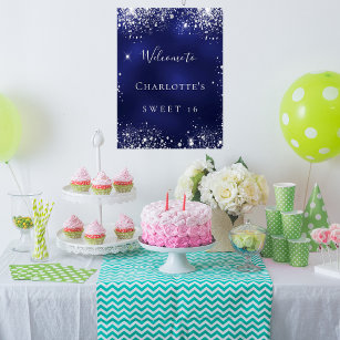 Happy 16th Birthday Blue & Silver Glitter Swirls Streamers Party Decorations