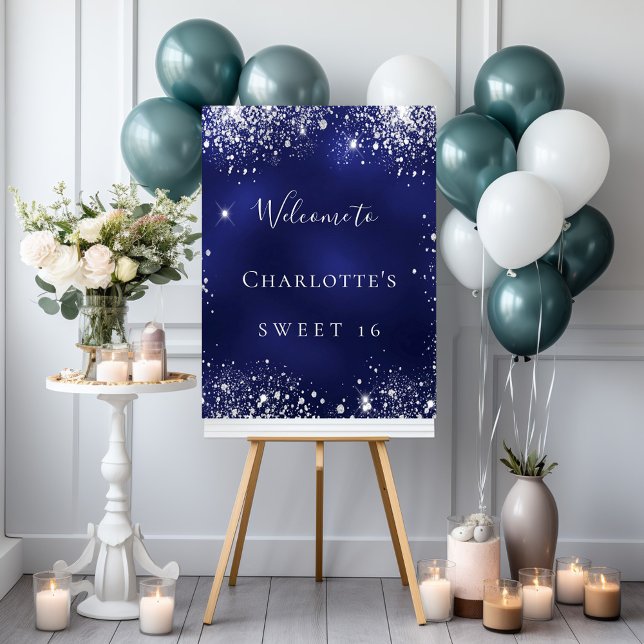 Sweet 16 party blue silver glitter sparkle welcome poster (Creator Uploaded)