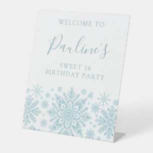 Sweet 16 Party Blue White Snowflake Welcome Pedestal Sign