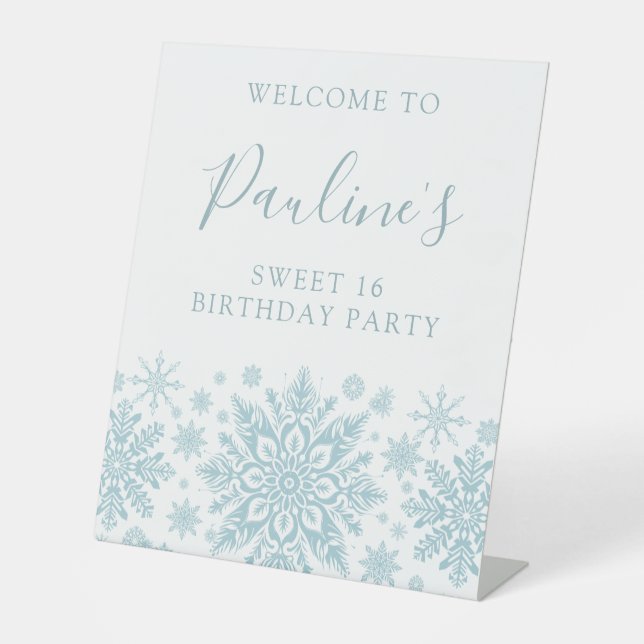 Sweet 16 Party Blue White Snowflake Welcome  Pedestal Sign (Front)