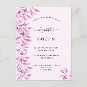 Sweet 16 party blush pink florals botanical postcard