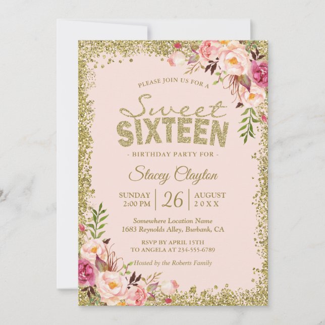 Sweet 16 Party - Blush Pink Gold Glitters Floral Invitation (Front)