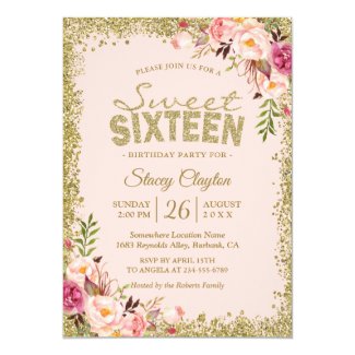 Sweet 16 Party - Blush Pink Gold Glitters Floral Invitation