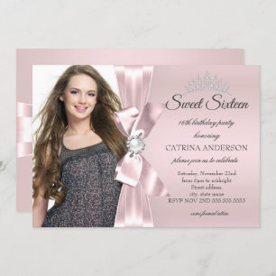 Sweet 16 Party blush Pink Photo Diamond Bow Tiara Invitation