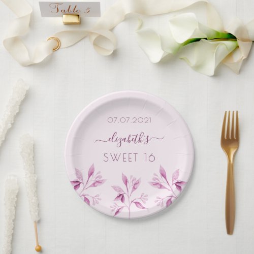 Sweet 16 party blush pink purple florals botanical paper plates