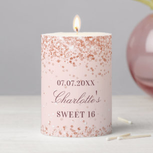 Sweet 16 party blush rose gold glitter dust name pillar candle