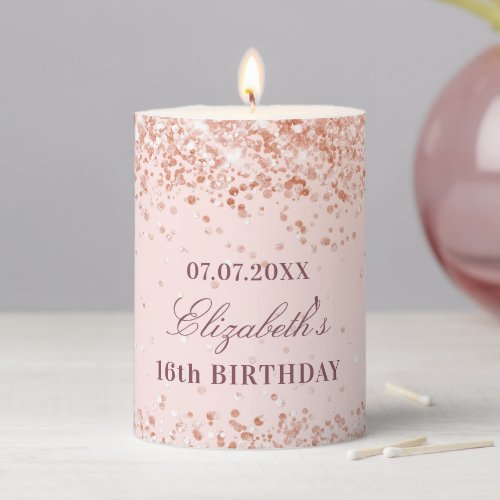 Sweet 16 party blush rose gold glitter dust name pillar candle