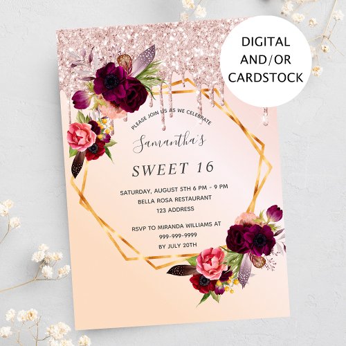 Sweet 16 party burgundy florals rose gold glitter invitation