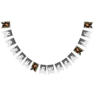 Sweet 16 Party, Chic Black Glitter & 4 Photos Bunting Flags