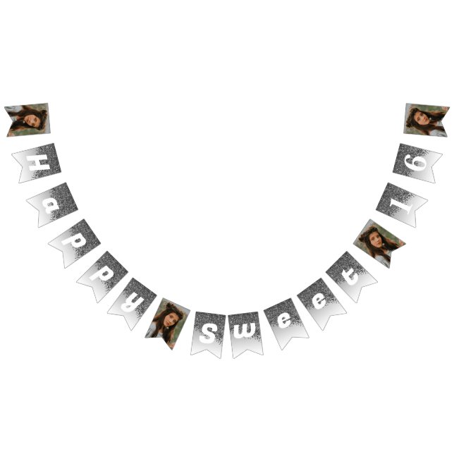 Sweet 16 Party, Chic Black Glitter & 4 Photos Bunting Flags (All)