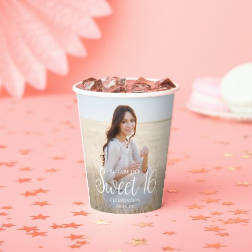 Sweet 16 Party Chic Trendy Script 2 Photo Modern Paper Cups