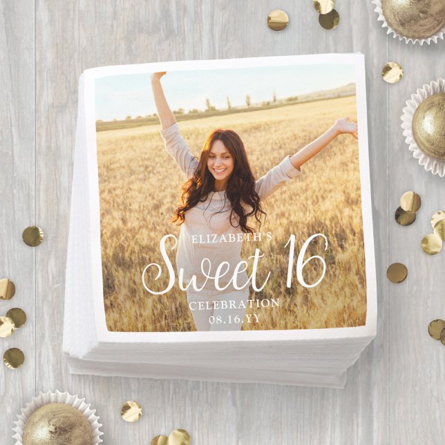 Sweet 16 Party Chic Trendy Script & Photo Modern Napkins (Creator Uploaded)
