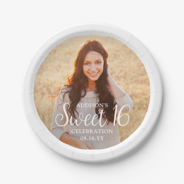 Sweet 16 Party Chic Trendy Script & Photo Modern Paper Plates (Front)