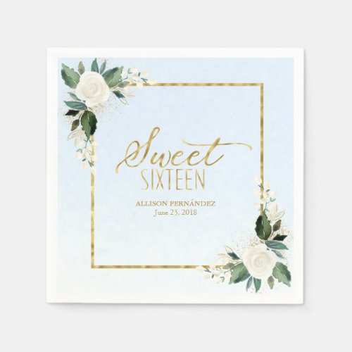 Sweet 16 Party Dusty Blue Gold Foil Floral Napkins