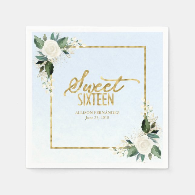 Sweet 16 Party Dusty Blue Gold Foil Floral Napkins (Front)