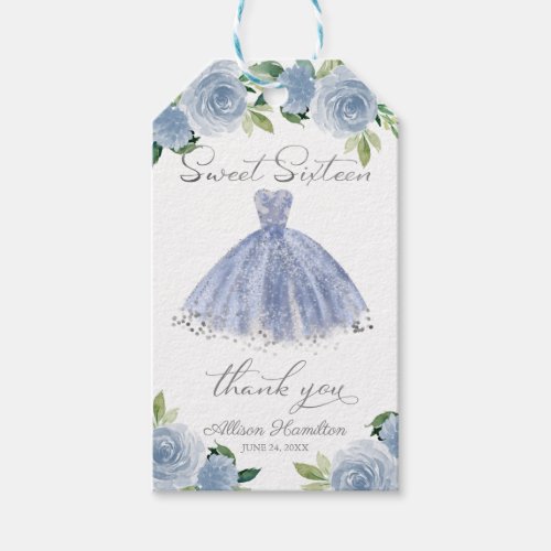 Sweet 16 Party Dusty Blue Silver Gown Floral Gift Tags