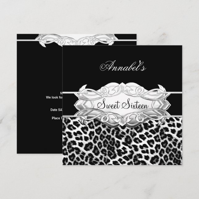 Sweet 16 Party Elegant Black White Leopard Invitation (Front/Back)