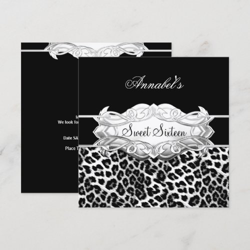 Sweet 16 Party Elegant Black White Leopard Custom Announcement