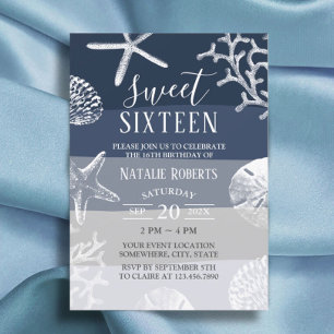 Sweet 16 Party Elegant Navy Blue Beach Starfish Invitation