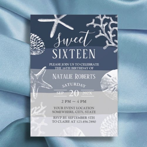 Sweet 16 Party Elegant Navy Blue Beach Starfish Invitation