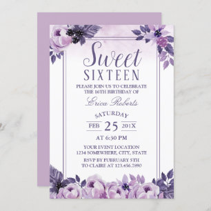 Sweet 16 Party Elegant Watercolor Purple Floral Invitation