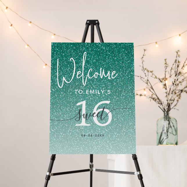 Sweet 16 Party Emerald Green Glitter Welcome Sign (In Situ (Stand))
