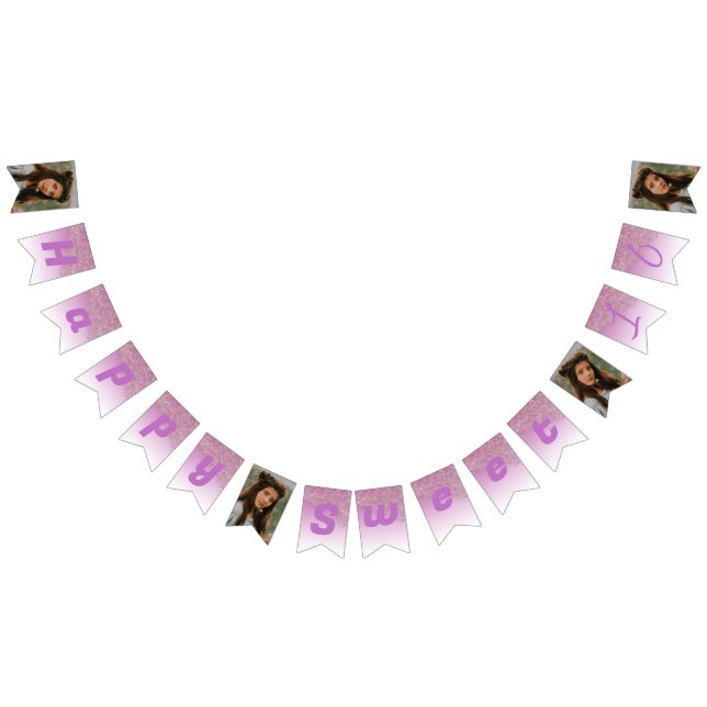 Sweet 16 Party, Falling Rose Gold Glitter & Photos Bunting Flags (All)