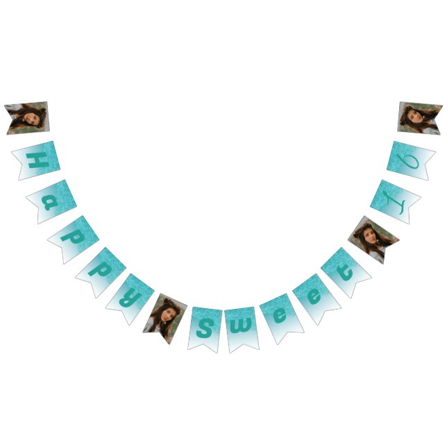 Sweet 16 Party, Falling Teal Glitter & 4 Photos Bunting Flags (All)